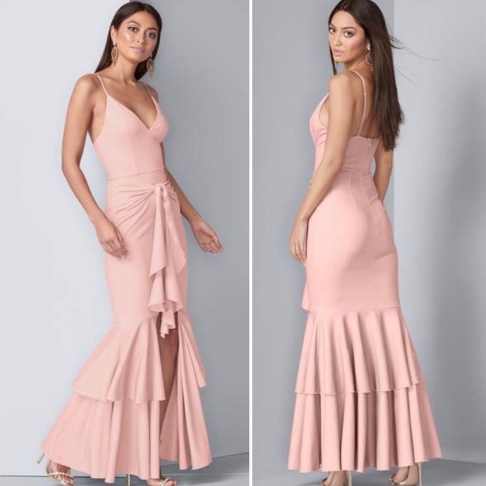 NWT Venus Ruffle Detail Gown Maxi Dress with Slit and Tie Waist Pink - 8